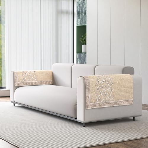 Image of Nendle Premium Chenille Floral Sofa Mat Arms Cover Only - Soft & Durable Protector for L Shape /Standard Sofa Set (58 cm, Beige, 1 Piece)