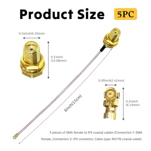 leruiyezs SMA przedłużacz koncentryczny 5 sztuk, 15 cm, RG178 Pigtail SMA gniazdo do UFL IPX, kabel kompatybilny z mini antenami PCI WLAN, kabel koncentryczny do GPS, Wi-Fi, USB, aplikacji Bluetooth