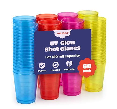 MATANA 60 Plastic Shot Glasses Neon (30ml / 1oz) - Reusable - UV-Reactive - Jelly Shots Sample Tasting Cups Plastic Shot Cups for Parties Birthdays Weddings Stag Hen Parties