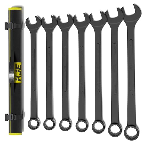 KJE 7-Piece SAE Black-Oxide Jumbo Combination Wrench Set Open-End large Wrench big Wrench Set SAE Sizes 1-5/16 - 2 for Large Vehicles