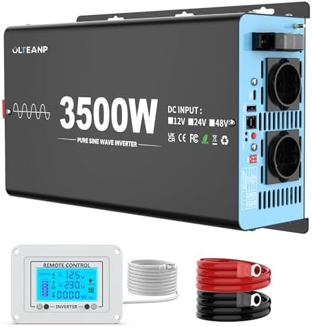 OLTEANP 3500 W / 7000 W Inverter 12 V to 230 V Pure Sine Wave Voltage Converter Power Inverter with 2 AC Sockets, Type-C & USB Ports, LCD Screen Remote Control, for Motorhome, Caravans