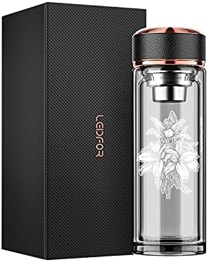 LEIDFOR Tea Infuser Bottle - BPA Free Double Wall Glass Travel Tea Mug With Stainless Steel Filter - Leakproof Tea Tumbler with Strainer for Loose Leaf Tea and Fruit Water 17 oz Lily