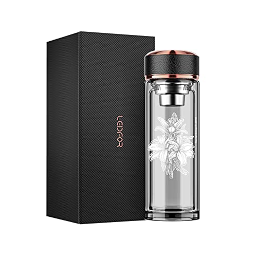Leidfor Tea Infuser Bottle - Bpa Free Double Wall Glass Travel Tea Mug With Stainless Steel Filter - Leakproof Tea Tumbler With Strainer For Loose Leaf Tea And Fruit Water 17 Oz Lily #TOP3