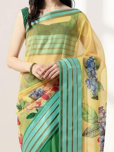 Image of AKHILAM Women's Green Organza Floral Printed Saree With Unstitched Blouse Piece(SAGE1004 AI)