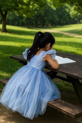 Sparkly Tulle Flower Girl Dress Elegant Square Neck Ruffle Sleeves Princess Girls Wedding Party Long Ball Gowns4