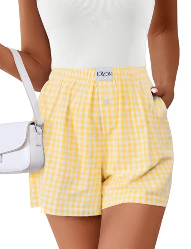 Image of LOMON Boxer Shorts for Women Summer Gingham Pajamas 2026 Lounge Sleep Pj Plaid Shorts Y2K Beach Bottoms with Pockets