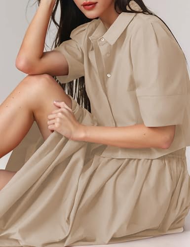Image of Womens Summer 2 Piece Outfits Skirt Sets Button Short Sleeve Tops Elastic Waist Maxi Dress Sets with Pockets