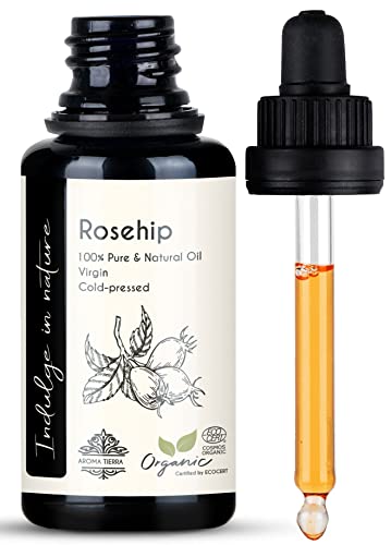 Aroma Tierra Organic Rosehip Seed Oil 30ml 100% Pure Cold-Pressed & Unrefined Moisturizing & Nourishing for Face Skin Hair & Nail