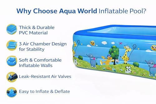 Image of Aqua World Kids Inflatable Pool, Rectangular Family Swimming Pool, 120 x 85 x 32 Cm, Portable Outdoor Baby Bath Tub with Animal Theme for Garden & Terrace