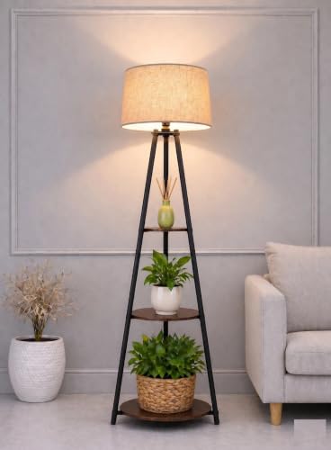 Image of Modern Furniture LED Tripod Floor Lamp with 3 Shelves, Brown Jute, Metal Corner Floor Lamp, for Decoration and Gifting, E27 Bulb
