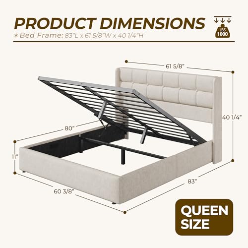 Image of HISOFT Queen Size Lift Up Storage Bed Frame, Linen Upholstered Platform Bed with Wingback Headboard, Heavy Duty Hydraulic Gas Lift Underbed Space, Reinforced Full Metal Slats, Noise Free, Beige
