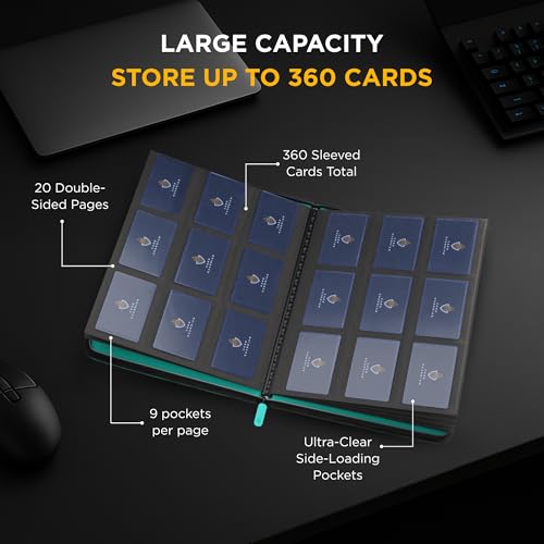 Image of Card Guardian - 9 Pocket Premium Black Binder with Zipper for 360 Cards - Side Loading Pockets for Trading Card Games TCG (Teal)