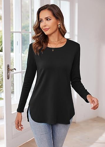 Image of Herou Women's Casual Long /Short Sleeve T Shirt Crewneck with Side Split Fall Pullover Loose Tunic Sweater Tops