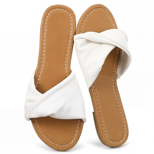 Image of Unittype Women Flat Sandals White Dressy Leather Slides Soft Fashion Open Toe Slippers Summer Minimalist Slip On Beach Slides