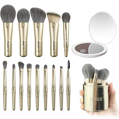 Jilier Travel Makeup Brush Set, 14 pcs Mini Makeup Brushes for Foundation, Powder, Eyeshadow, Highlight, Contour, Blush & Concealer, Small Makeup Brush Set Purse Size with Case