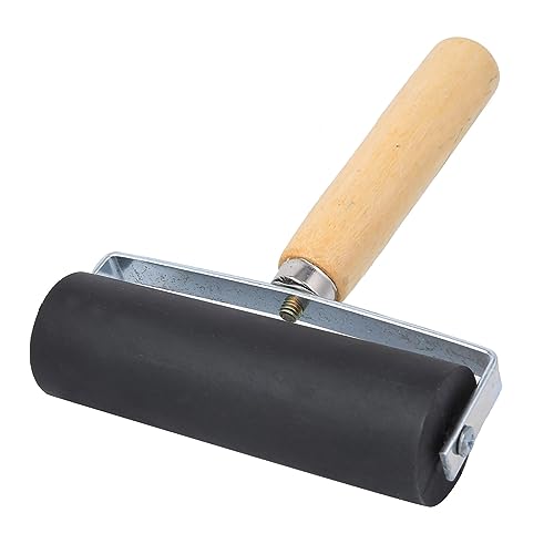Respicefinem Rubber Brayer Roller with Wooden Handle Hard Rubber Applicator Art Brayer Paint Roller for Crafts Ink Printmaking Block Stamping Printing Applying Glue Wallpaper