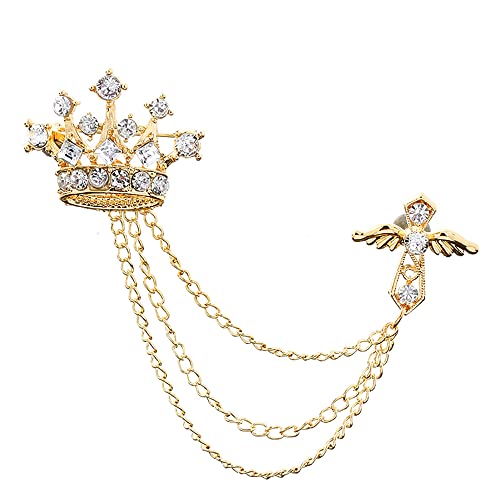 Image of Crystal Crown Cross Chain Brooch Pin,Long Chain Tassel Wing Suit Lapel Pin Rhinestone Crown Badge Pin Jewelry for Women Men Birthday Gifts
