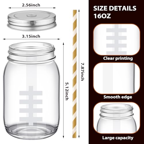 Maxcheck 6 Pcs Football Fan Glass Mason Jar with Straw and Lid 16 oz Glass Cups Stemless Football Coffee Mug Football Gifts for Men Women Playoffs Party Beverages Drinking Food Storage Supplies by Maxcheck - Used condition - Image 3