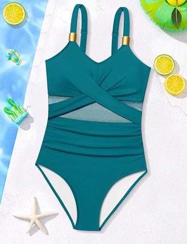 Image of Girls Swimsuit Criss Cross One Piece Swimsuits Wrap Tie Back Sheer Mesh Bathing Suit with Gold Metal Swimwear 9-16Y