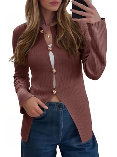 Saodimallsu Womens Ribbed Long Sleeve Sweater Tops Button Up Crewneck Slim Fitted Cardigans Sexy Going Out Knit Shirts