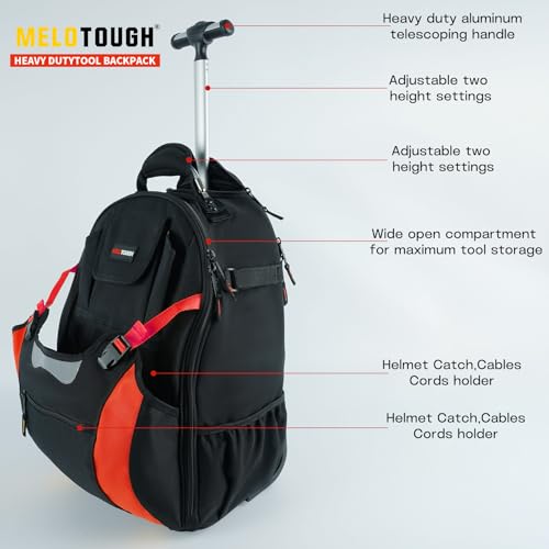 MELOTOUGH Wheeled Rolling Tool Bag Heavy Duty Tool Backpack with Wheels Tool Organizer Bag for Electrician, Carpenter, HVAC,Welder (Red) - Image 2