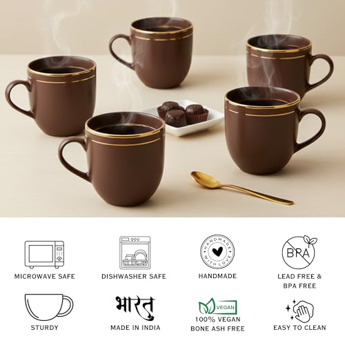 Image of Vistas Dark Brown Gold Line Ceramic Tea Cups Set of 12, 200ml | Porcelain Tea Cups Set of 12 | Glossy Finish | Premium Ceramic | Perfect for Every Occasion