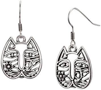 Laurel Burch Silvertone Cat Face Dangle Earrings