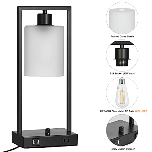 Suraielec Industrial Table Lamp Set Of 2, Dimmable Nightstand Lamp With 2 Usb Ports & Ac Outlet, Modern Table Lamps For Bedroom Living Room, Matte Black Finish, Frosted Glass Shade, Led Bulb Included #TOP3
