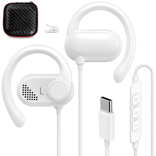 Open Ear Headphones Wired for iPhone 17 Air 16 15 Pro Max Plus/iPad, USB Type C Earphone with Mic Over Ear Wired Earbuds with Ear Hook for Samsung S26 S25 S24 Ultra S23 Fe S22+ A35/Pixel 10 9 8, White