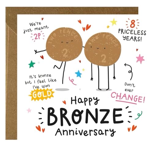 Funny 8th Wedding Anniversary Card with Envelope Cute Happy Bronze Anniversary Wedding Card Gifts for Couples Husband Wife Partner Unique 8 Years Design