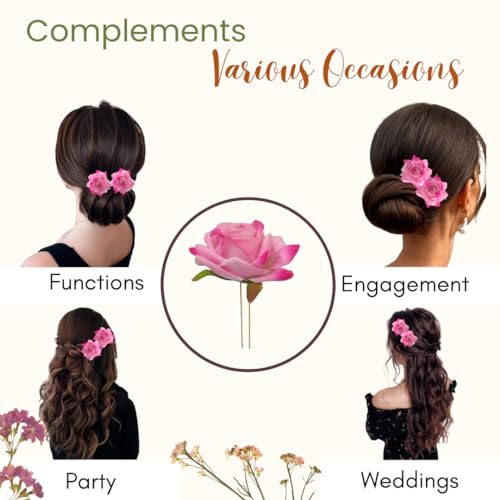 Image of Hair Flare Artificial Plastic & Metal Rose Flower with An Abundance of Petals Design Hairpin /Hair Clip /Judabun | Bridal Hair Accessories, Wedding, Festival for Women & Girls - 2700, Set of 2