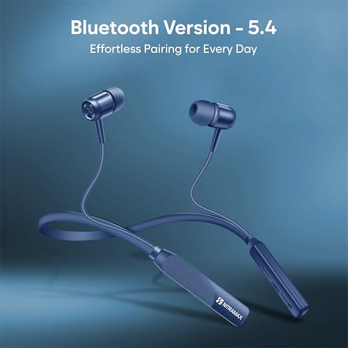 Image of Bluetooth Neckband Earphones, Blue, 20 Hour Playtime, Superior Bass, Bluetooth 5.4, Noise Reduction