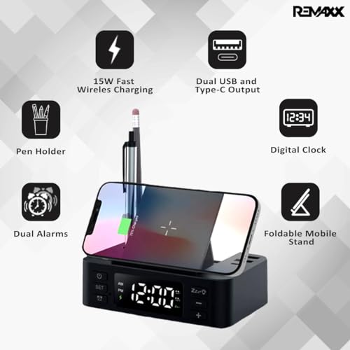 Image of REMAXX Digital Alarm Clock with 15w Wireless Charger and Pen Holder | 2 USB & 1 Type C Output, Mobile Stand, Dual Alarms, 12 /24H Time Mode, Brightness Control