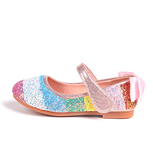 Mowoii Glitter Rainbow Dress Shoes Toddler Bow Ballet Flats Princess School Party Weeding Mary Jane Shoes,Pink 11 Little Kid #TOP4