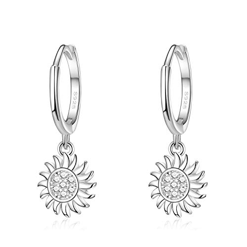 Dainty Sunflower Hoop Earring with Dangle for Women, Small Huggie Hoop Earring with Sun Flower CZ Charm in 925 Sterling Silver for Her -  MissNity