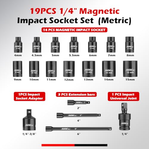 Image of 1 /4 Inch Drive Magnetic Impact Socket Set, 19-Piece Metric, 4mm-15mm, 6 Point, Cr-Mo, Square Drive, Magnetic Socket with Adapter, Universal Joint & Extension