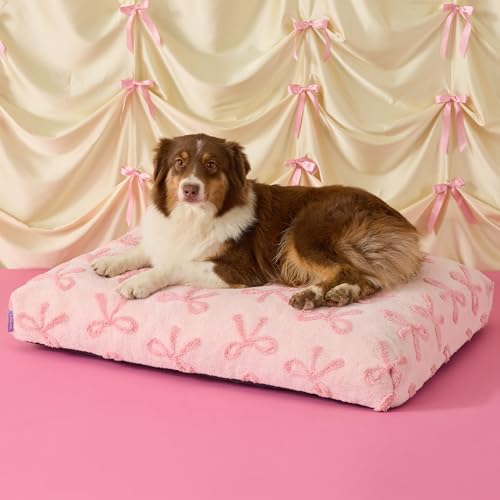 LE SURE Dog Beds Large Sized-Thick Shredded Chopped Foam Pet Bed as Gift for Indoor with Removable Cover Cute Modern Fuzzy Plush & Anti Slip Bottom Bow Pink
