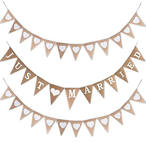 Wimpelkette Hochzeit Vintage just married Girlande Herz Jute Bunting Wimpel Banner zum Aufhängen für Hochzeitszeremonie Fotorequisiten Brautdusche Junggesellinnenabschied