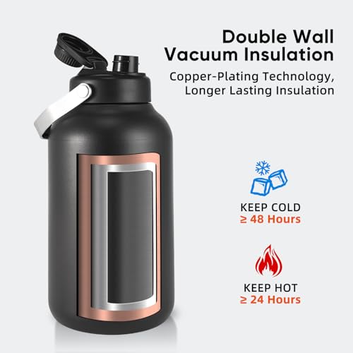 Image of One Gallon Water Bottle, 128oz Stainless Steel Insulated Water Bottle For Hot & Cold Drinks, BPA-Free, Wide Mouth, Leak-Proof Big Water Jug With Handle For Sports, Travel, Hinking & Camping, Black