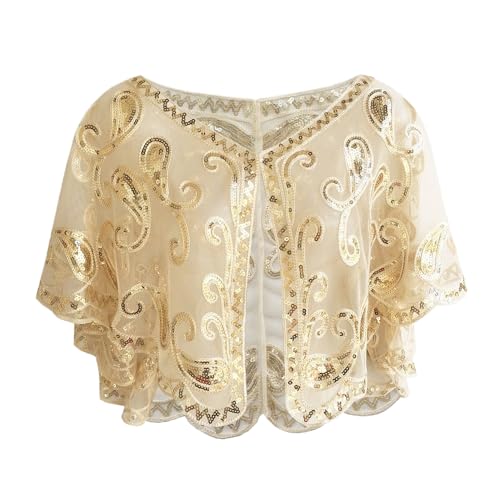 1Pcs Champagne 1920s Flapper Shawl with Sequin Detailing Breathable Mesh Elegant Short Cape for Women Parties Prom