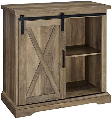 Pemberly Row 32" Farmhouse Sliding Barn Door Wood Accent Chest Home Coffee Station Buffet Storage Cabinet in Rustic Oak