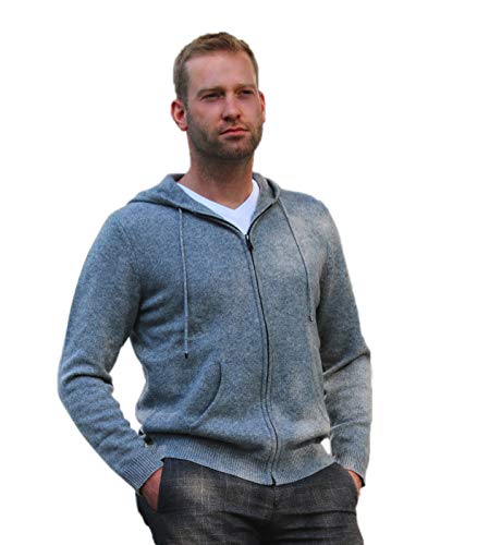 Men's Zip Hoodie Sweater 100% Cashmere Grey, Long Sleeve Jacket Front Pockets Knitted in 7 Gauge