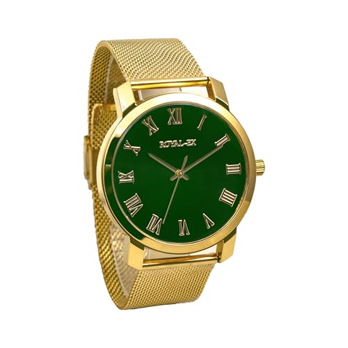 Image of Royalex Mens Golden Watch with Mesh Chain and Green Dial with Roman Numbers
