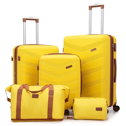 Image of CONCEPTEN Expandable Hardshell Luggage Set 5 Piece, 22x14x9 Airline Approved Carry On, 20 /24 /28 inch Suitcase Set with TSA Lock, Spinner Wheels, ABS+PC (Yellow) | Suitcase Set with Spinner Wheels TSA-approved Lock ABS Travel 20 /24 /28 Inch
