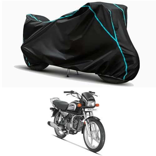 Image of Waterproof Bike Body Cover Compatible for | Hero Splendor Plus i3S | Taffeta Fabric, Sky Piping Design, Bottom Elastic Fit | Dustproof, Sun UV & Rain Protection for All Weather.