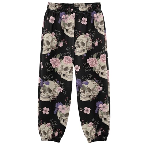 Pantalones deportivos de fútbol con bolsillo con cremallera para niños, Skulls Roses Flowers Black, 3 años