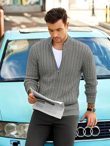 Image of TYSORT Men's Cotton Full Sleeve High Neck Full Zipper Sweater for Men, Cable Knitted Cardigan for Men