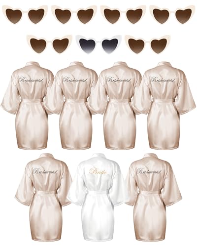 Xuhal 7 Pcs Bride Bridesmaid Robe Sets for Wedding Bridal Party Satin Robes Maid of Honor Robe with Heart Shaped Sunglasses(Champagne White)