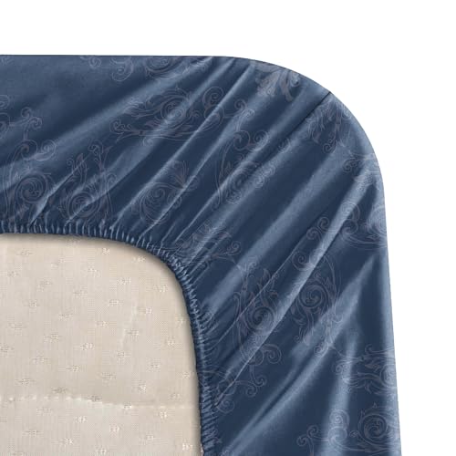 Image of BLISSHOME Everlast 150TC King Size Fitted Bedsheet with 2 Pillow Covers, Aesthetic Bedding, Wrinkle Resistant, 100+ Wash Durable, Quick Dry, Elegant Ornate Pattern - Blue (183cm x 198cm + 25cm Drop)