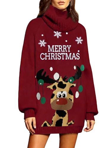 Saodimallsu Damen Strickkleid Oversized Rollkragen Pulloverkleid Langarm Einfarbig Elegant Minikleid Weihnachtskleid Laternenärmeln Weihnachten...